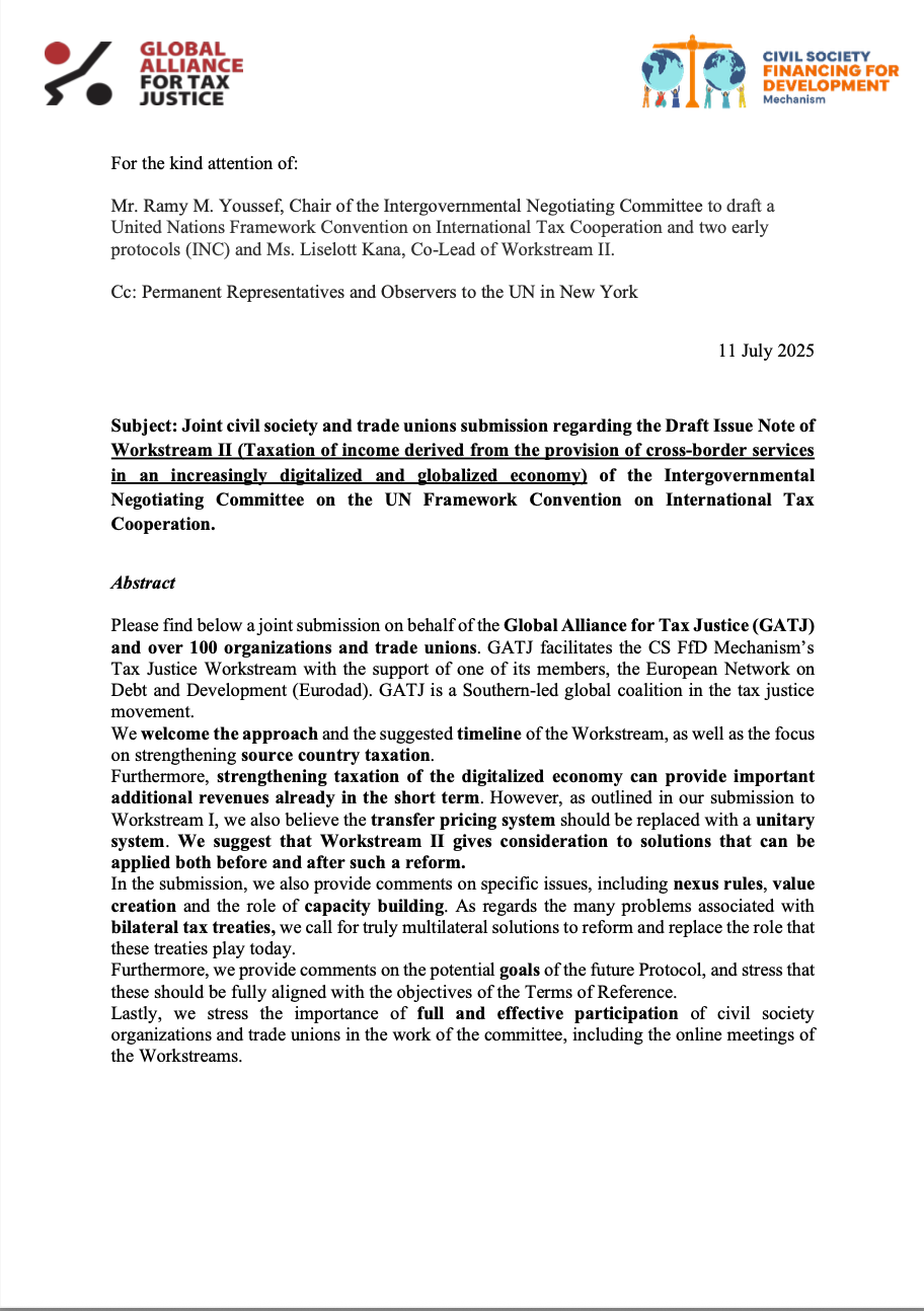 Joint Civil Society and Trade Unions Submission on Draft Issue Note of Worksteam II of the INC on the UN Framework Convention on International Tax Cooperation